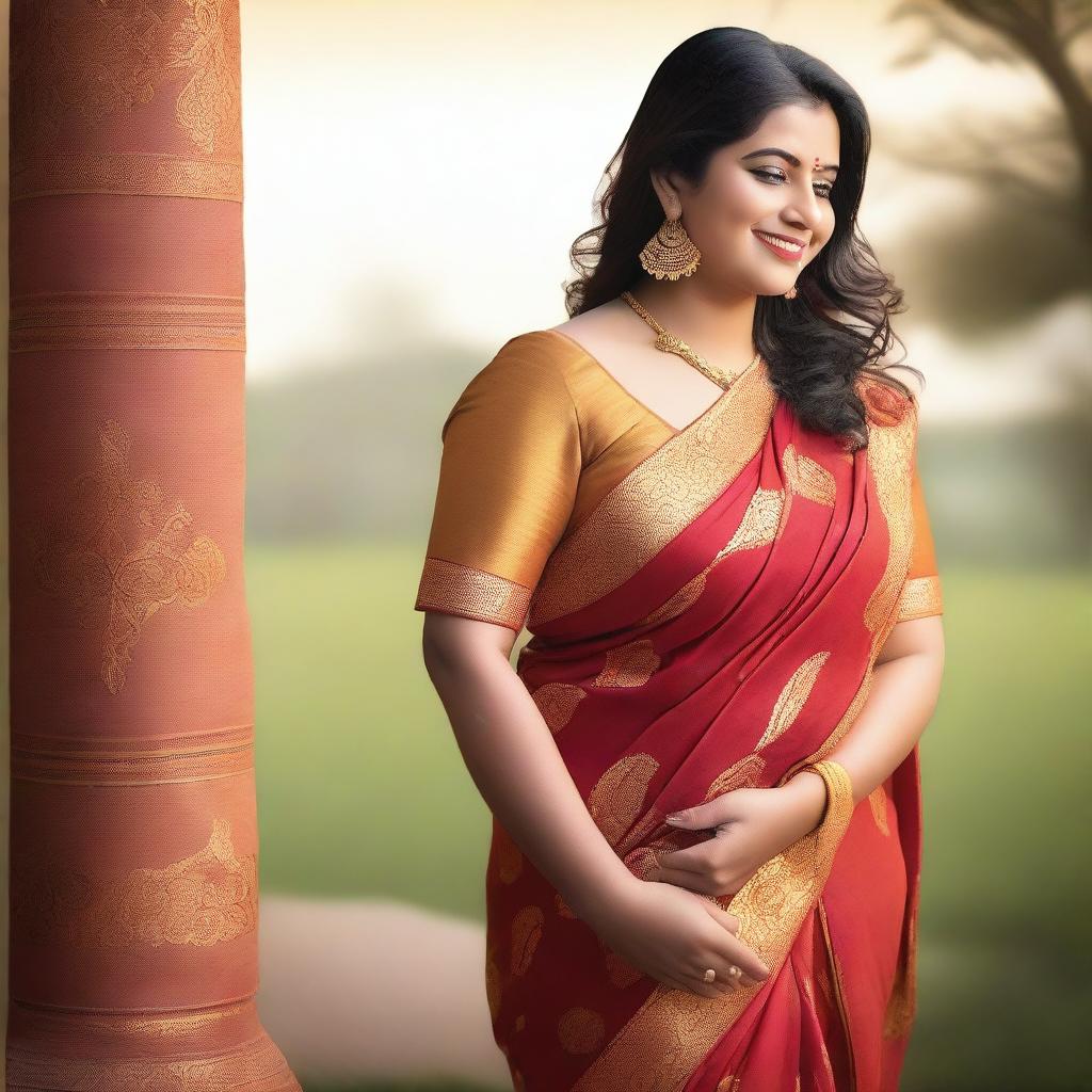 A beautiful, confident fat woman wearing a traditional Indian saree, standing gracefully with a warm smile