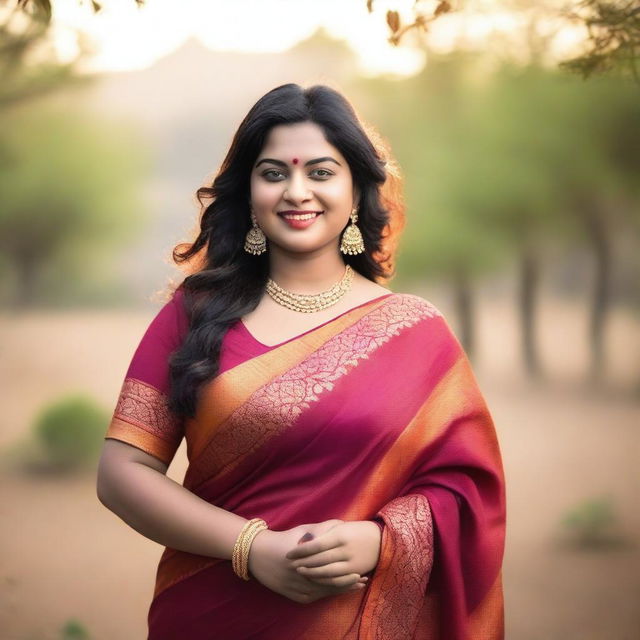 A beautiful, confident fat woman wearing a traditional Indian saree, standing gracefully with a warm smile