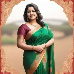 A beautiful, confident fat woman wearing a traditional Indian saree, standing gracefully with a warm smile