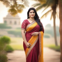 A beautiful, confident fat woman wearing a traditional Indian saree, standing gracefully with a warm smile