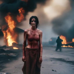 A young woman standing on a road, her face and body covered in blood, with teary eyes and an angry expression