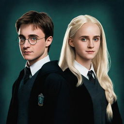 A stylized portrait of Harry Potter and Aurora Malfoy standing side by side, showcasing their unique character traits and commonality through attention to detail and symbolism.