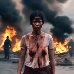 A young woman standing on a road, her face and body covered in blood, with teary eyes and an angry expression