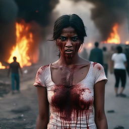 A young woman standing on a road, her face and body covered in blood, with teary eyes and an angry expression