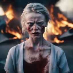 A young white woman with blue eyes, standing on a road, her face and body covered in blood, with teary eyes and an angry expression