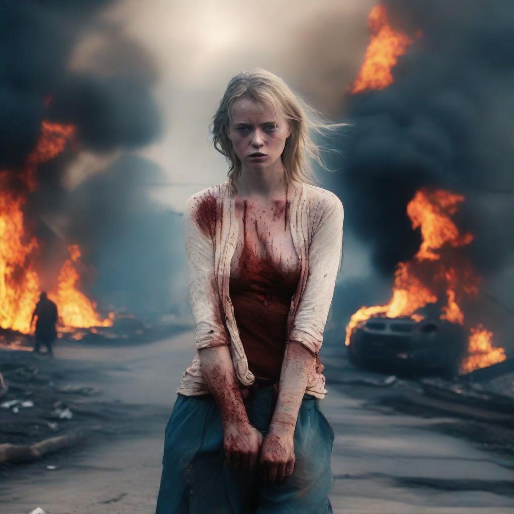 A young white woman with blue eyes, standing on a road, her face and body covered in blood, with teary eyes and an angry expression