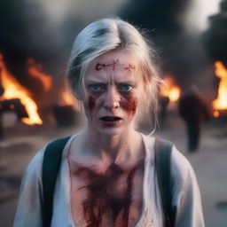 A young white woman with blue eyes, standing on a road, her face and body covered in blood, with teary eyes and an angry expression