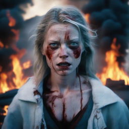 A young white woman with blue eyes, standing on a road, her face and body covered in blood, with teary eyes and an angry expression