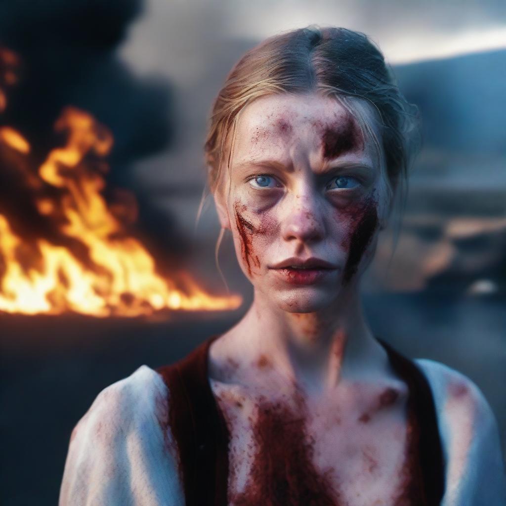 A young white woman with blue eyes, standing on a road, her face and body covered in blood, with teary eyes