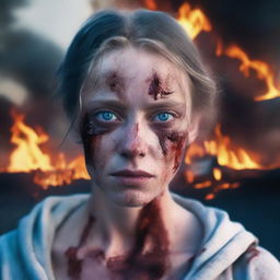 A young white woman with blue eyes, standing on a road, her face and body covered in blood, with teary eyes