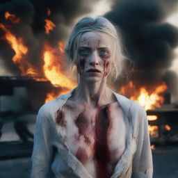 A young white woman with blue eyes, standing on a road, her face and body covered in blood, with teary eyes