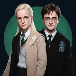 A stylized portrait of Harry Potter and Aurora Malfoy standing side by side, showcasing their unique character traits and commonality through attention to detail and symbolism.