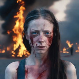 A young white woman with blue eyes, standing on a road, her face and body covered in blood, with teary eyes