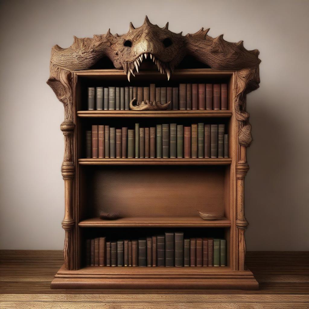 A bookshelf that has come to life as a mimic, with wooden shelves turning into gaping jaws and books morphing into sharp teeth