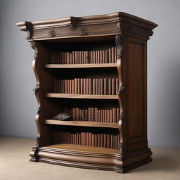 A bookshelf that has come to life as a mimic, with wooden shelves turning into gaping jaws and books morphing into sharp teeth