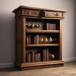 A bookshelf that has come to life as a mimic, with wooden shelves turning into gaping jaws and books morphing into sharp teeth