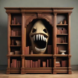 A bookshelf that has come to life as a mimic, with wooden shelves turning into gaping jaws and books morphing into sharp teeth