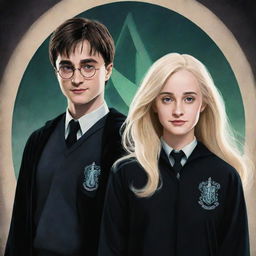 A stylized portrait of Harry Potter and Aurora Malfoy standing side by side, showcasing their unique character traits and commonality through attention to detail and symbolism.