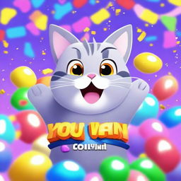 A win screen of a game featuring a grey cat