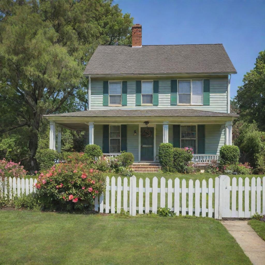 An idyllic two-story countryside home with a lush green lawn, blooming flowers and a picket fence.