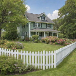 An idyllic two-story countryside home with a lush green lawn, blooming flowers and a picket fence.