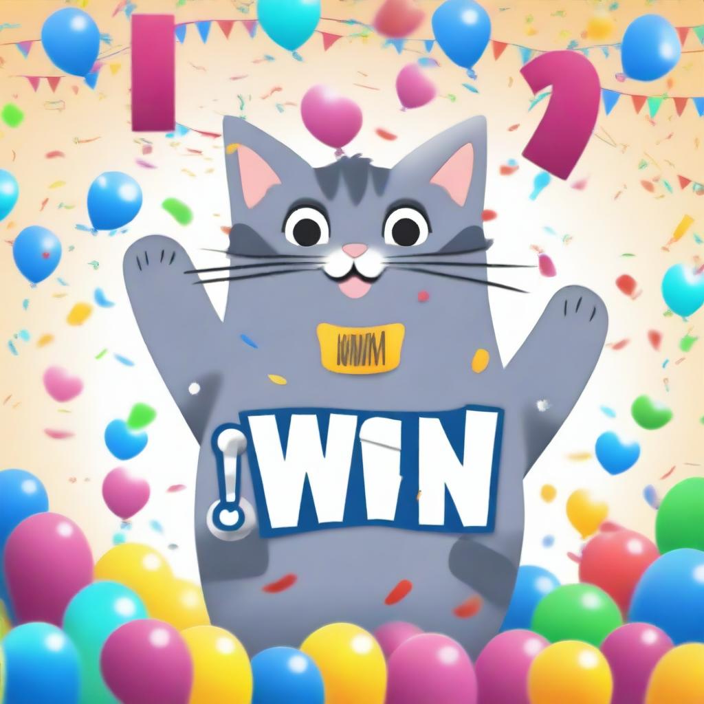 A 'You Win' screen featuring a grey cat in the middle