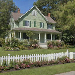 An idyllic two-story countryside home with a lush green lawn, blooming flowers and a picket fence.