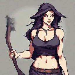 A human witch with toned muscles wearing a sleeveless t-shirt