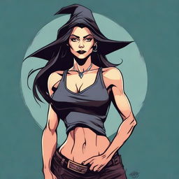 A human witch with toned muscles wearing a sleeveless t-shirt