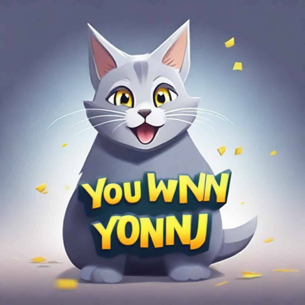 A 'You Win' screen from a game featuring a grey cat in the middle