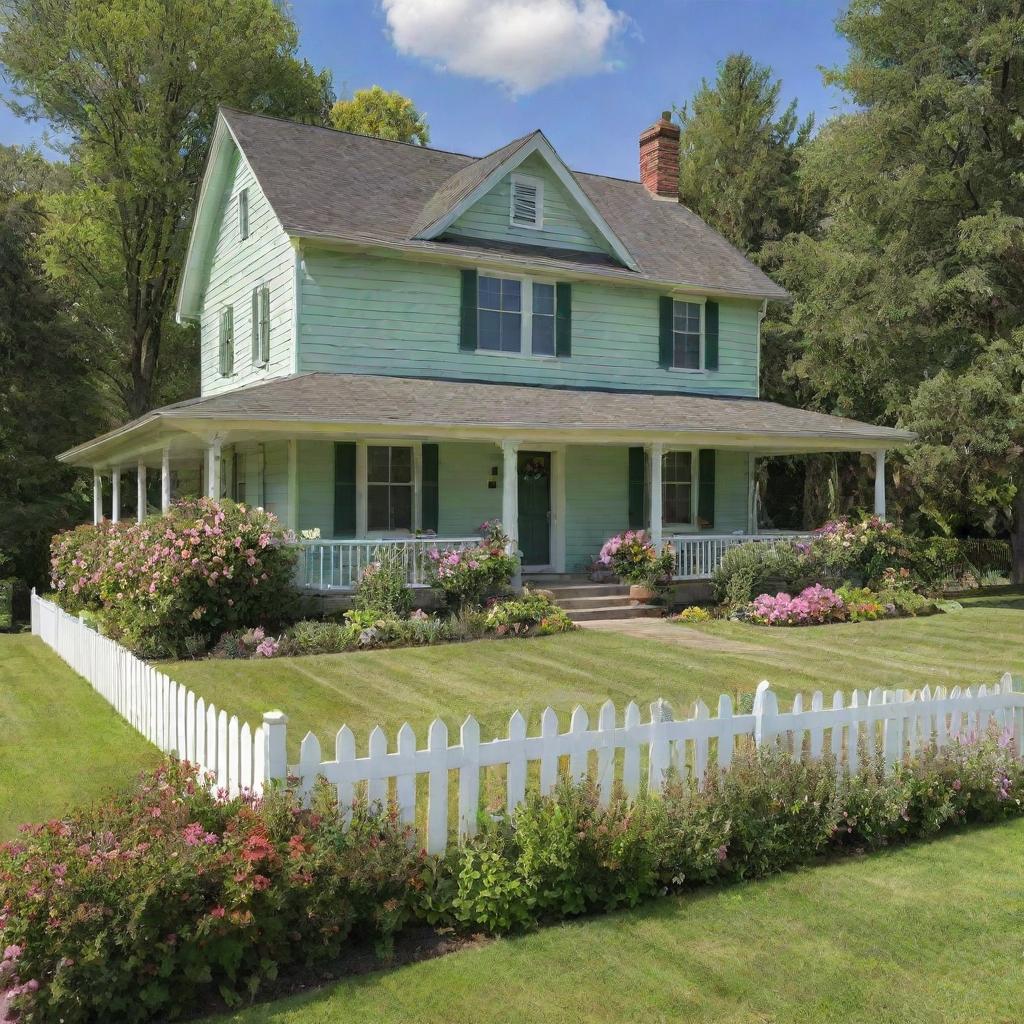 An idyllic two-story countryside home with a lush green lawn, blooming flowers and a picket fence.