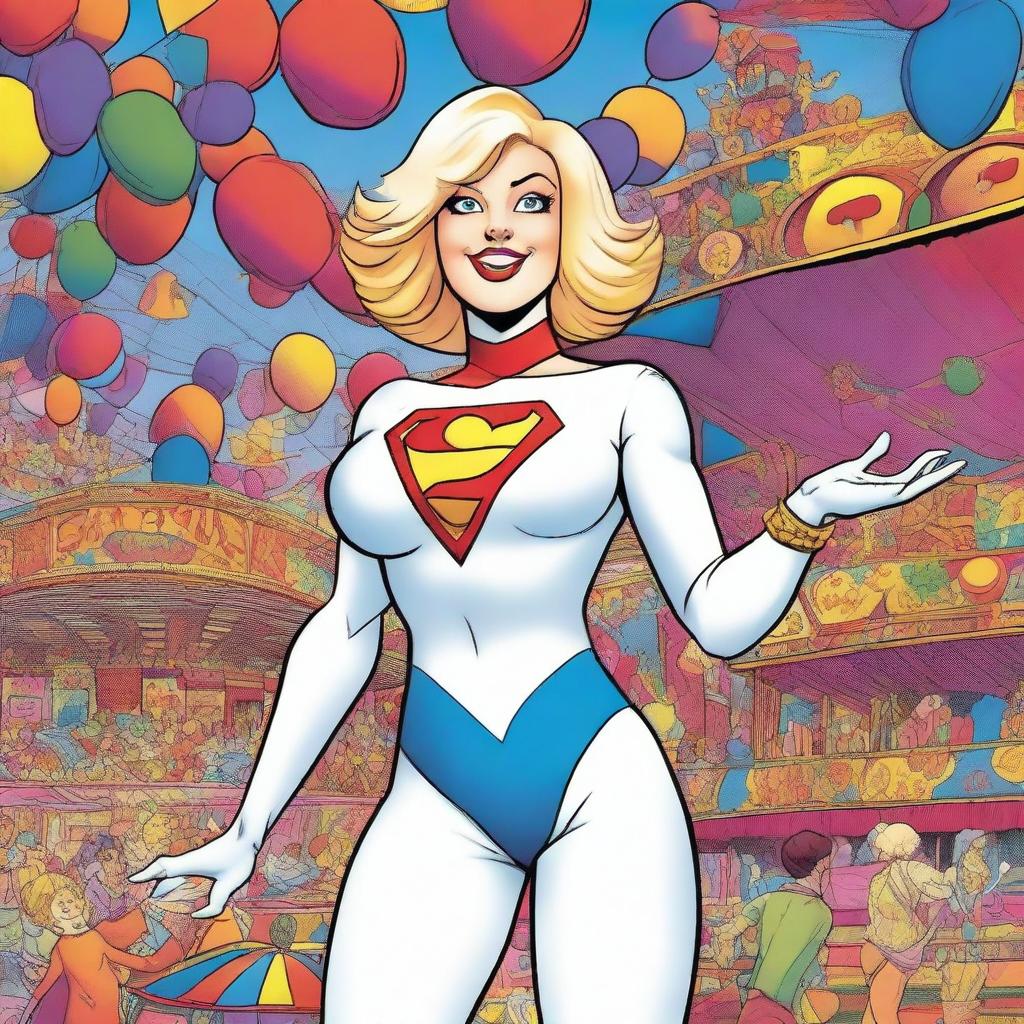 A graphic novel style illustration of Powergirl from DC Comics, depicted with her iconic large bust, navigating through a colorful and whimsical carnival funhouse with mirrors and playful decorations