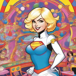 A graphic novel style illustration of Powergirl from DC Comics, depicted with her iconic large bust, navigating through a colorful and whimsical carnival funhouse with mirrors and playful decorations