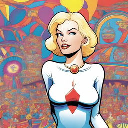 A graphic novel style illustration of Powergirl from DC Comics, depicted with her iconic large bust, navigating through a colorful and whimsical carnival funhouse with mirrors and playful decorations