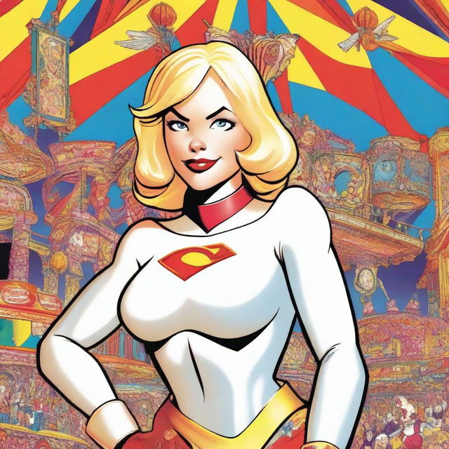 A graphic novel style illustration of Powergirl from DC Comics, depicted with her iconic large bust, navigating through a colorful and whimsical carnival funhouse with mirrors and playful decorations