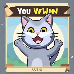 A 'You Win' screen from a game featuring a grey cat in the middle