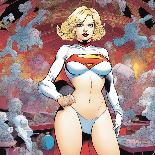 A graphic novel style illustration of Powergirl from DC Comics, depicted with her iconic large bust and cleavage, short blonde hair, and bare legs