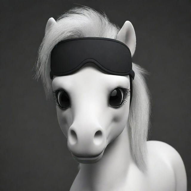 A white pony in a realist animation style, inspired by My Little Pony series. This pony is wearing a straight black blindfold, covering its eyes completely, rendered as a detailed cartoon drawing.