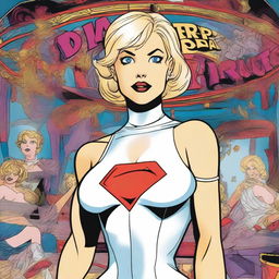 A graphic novel style illustration of Powergirl from DC Comics, depicted with her iconic large bust and cleavage, short blonde hair, and bare legs