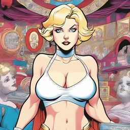 A graphic novel style illustration of Powergirl from DC Comics, depicted with her iconic large bust and cleavage, short blonde hair, and bare legs