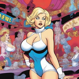 A graphic novel style illustration of Powergirl from DC Comics, depicted with her iconic large bust and cleavage, short blonde hair, and bare legs