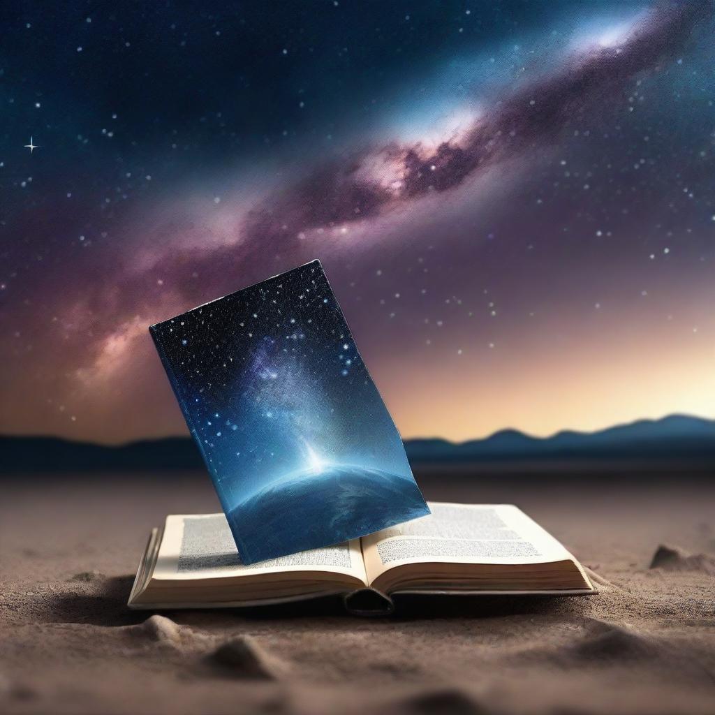 A closed book standing upright on the surface of the Earth, with the galaxy and stars visible in the background