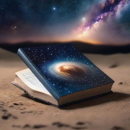 A closed book standing upright on the surface of the Earth, with the galaxy and stars visible in the background