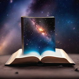 A closed book standing upright on the surface of the Earth, with the galaxy and stars visible in the background