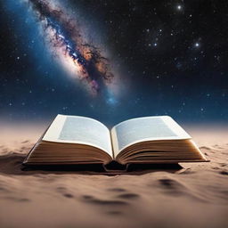 A closed book standing upright on the surface of the Earth, with the galaxy and stars visible in the background