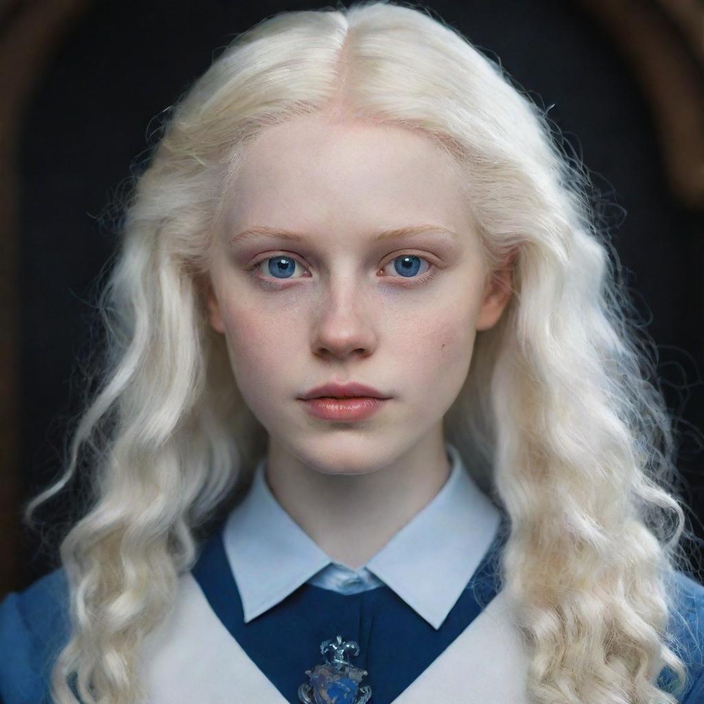 An enchanting portrait of a beautiful, perfect albino girl from Ravenclaw, her striking features emphasized, unique and radiant, embodying the house's intelligence and creativity.