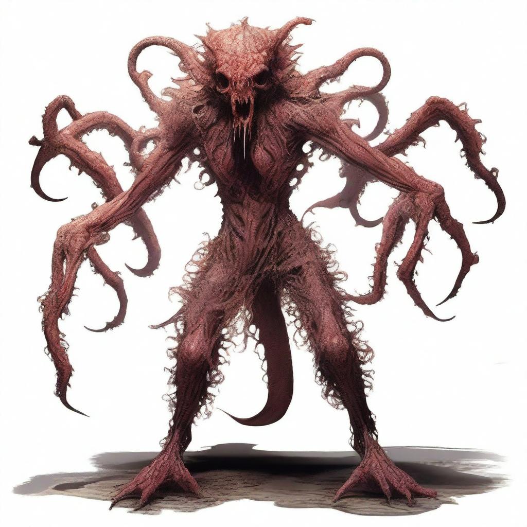 A terrifying and monstrous D&D creature resembling the Demogorgon, with fleshy, horrifying features