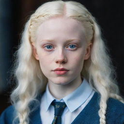 An enchanting portrait of a beautiful, perfect albino girl from Ravenclaw, her striking features emphasized, unique and radiant, embodying the house's intelligence and creativity.