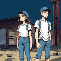 A teen boy and girl staring up at an old abandoned warehouse at night in the dark woods