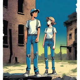 A teen boy and girl staring up at an old abandoned warehouse at night in the dark woods